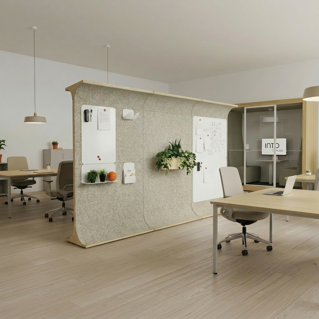 Ein Arbeitsbereich in einem kleinen Büro, in dem die Arbeitsplätze, der POD-Bereich und der Bereich für die Zusammenarbeit effizient angeordnet sind.